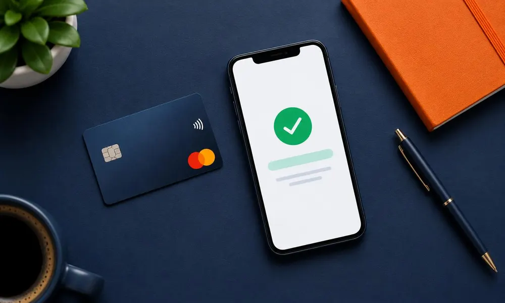 Bankpas en telefoon met betaalbevestiging