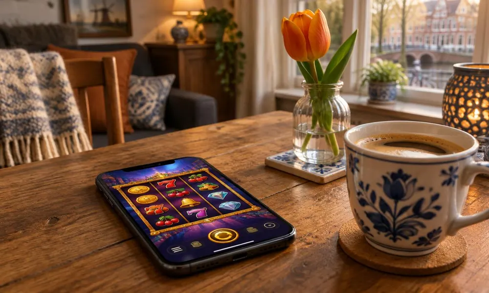Telefoon met gokkast op een houten tafel met koffie en tulp