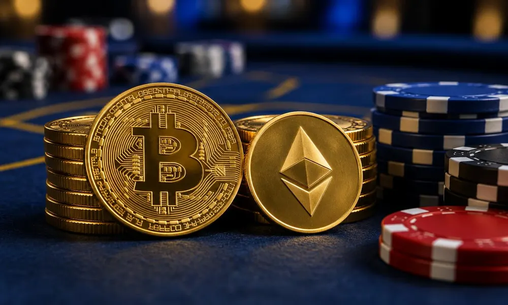 Bitcoin- en ethereummunten naast pokerfiches
