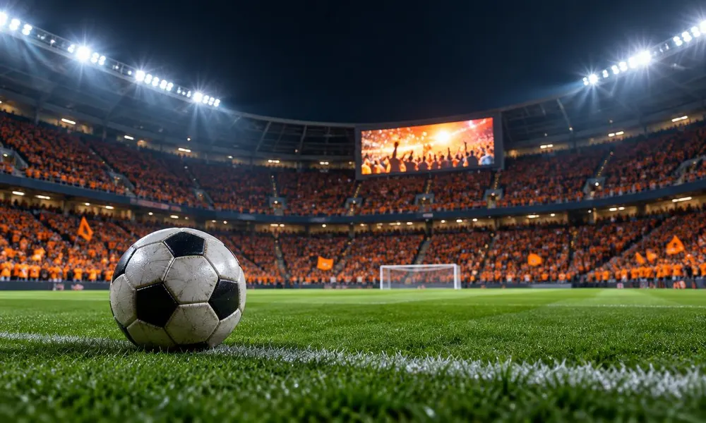 Voetbal op het veld in een stadion vol oranje supporters